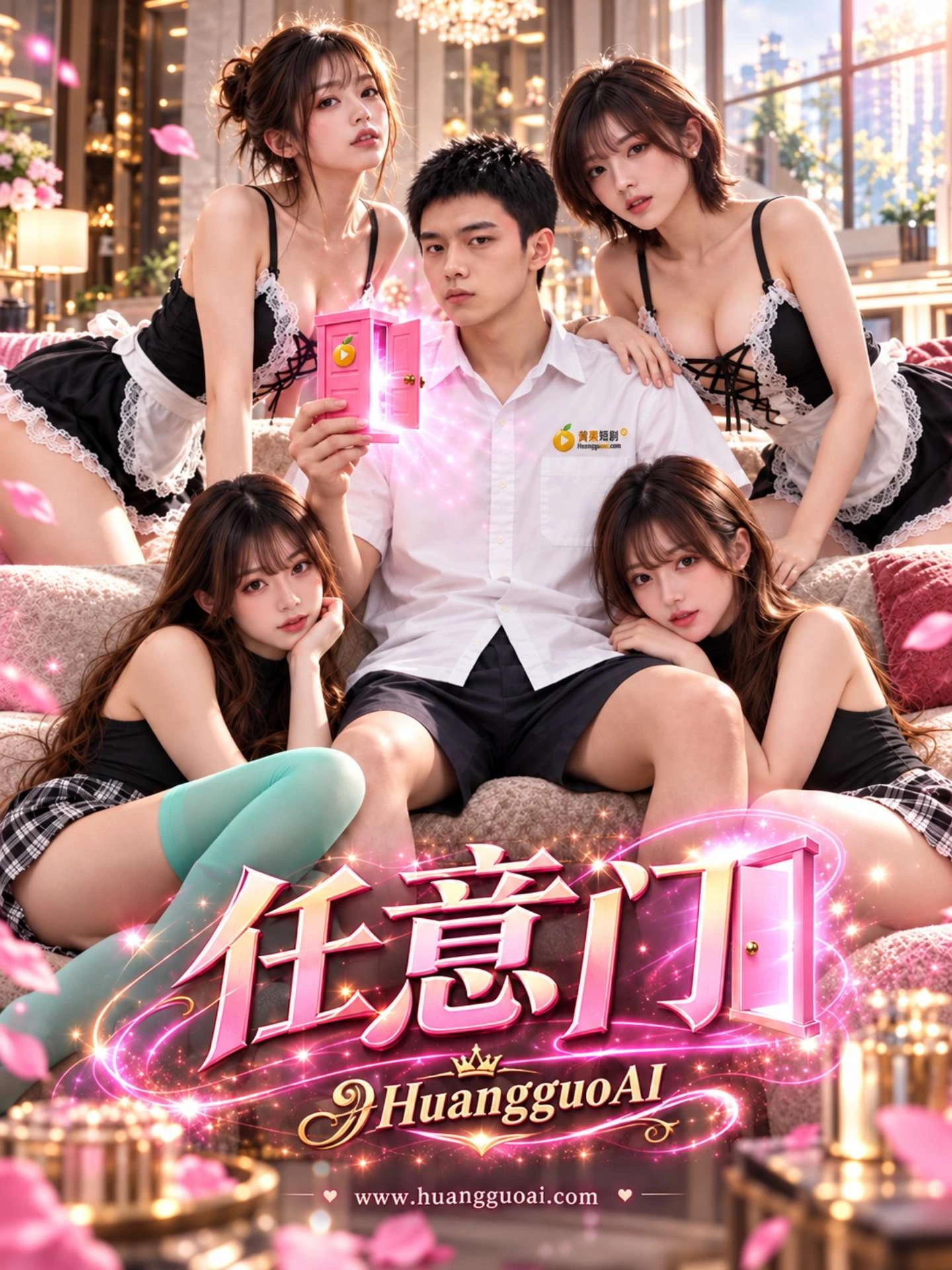 橙果短剧奇幻题材海报，男女主角与神秘粉盒
