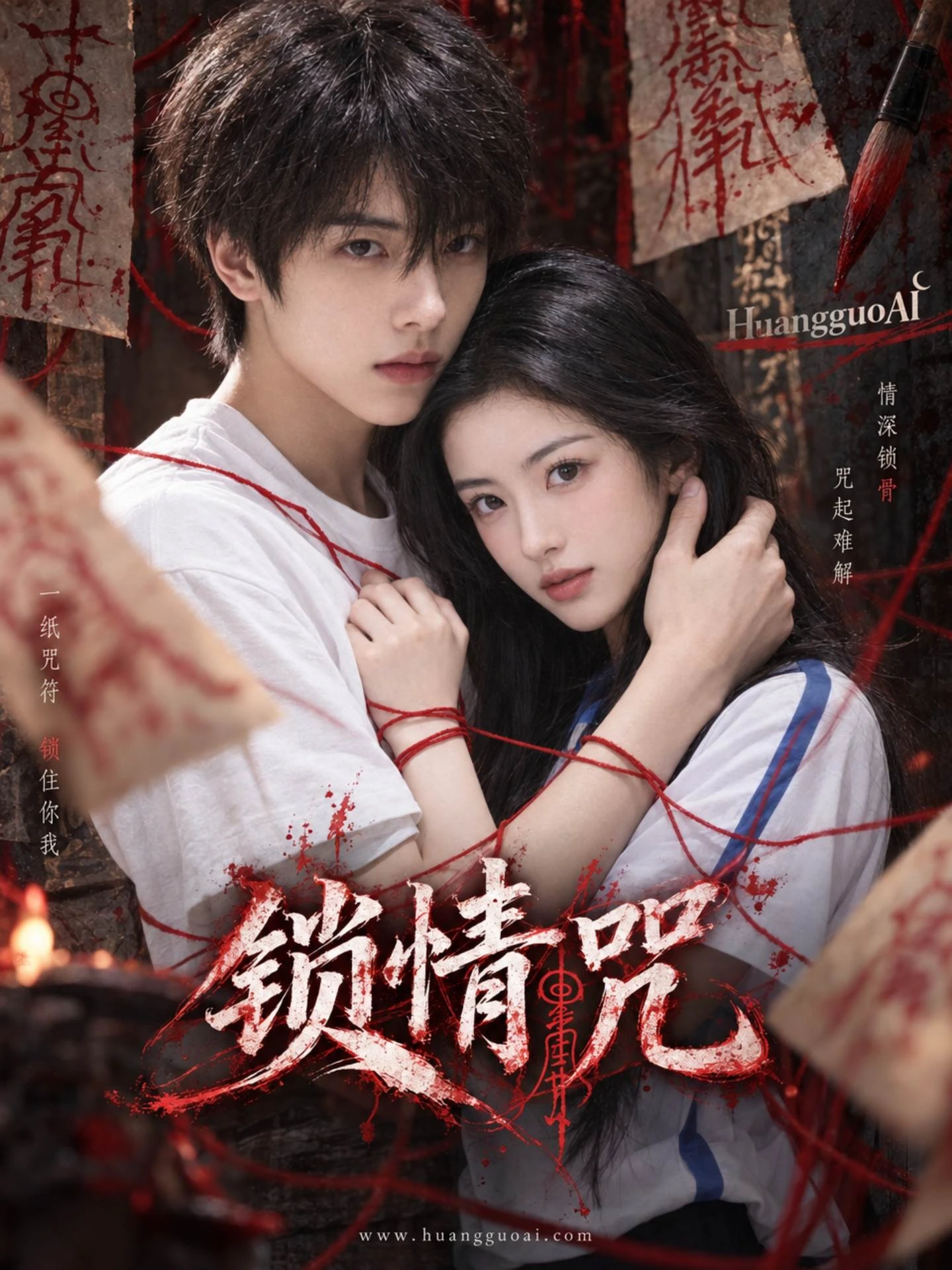 橙果短剧悬疑题材海报，展现被红线缠绕的男女主角