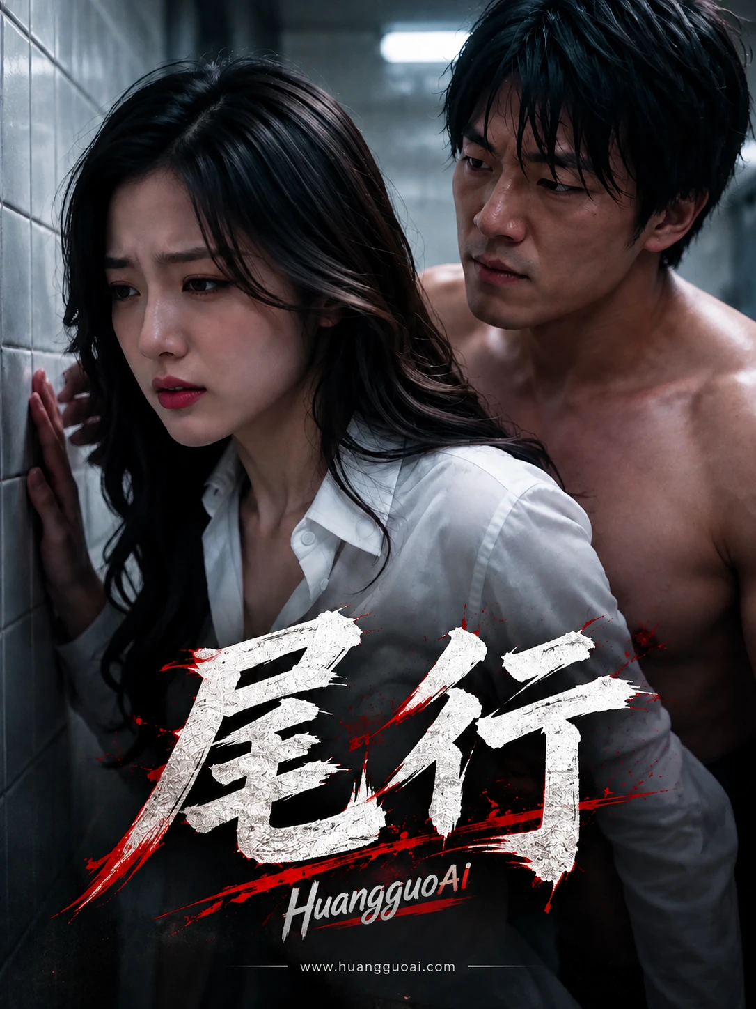橙果短剧紧张悬疑海报，展现男女主角在紧张情境中的对峙